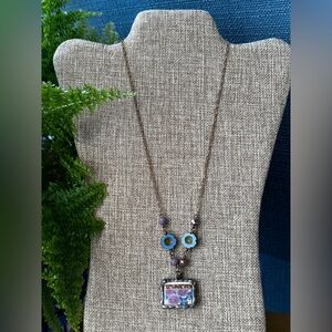 Floral Pendant Necklace with Blue Accents Handmade Repurposed
